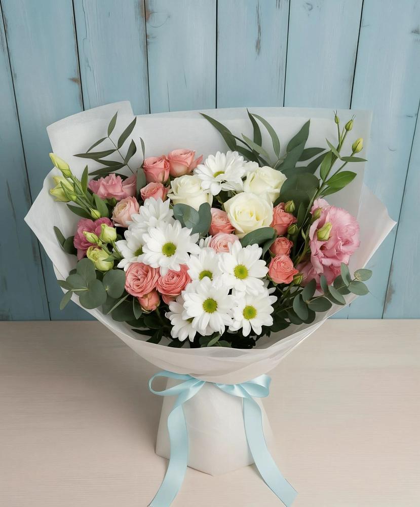 Букет цветов из: Розы, Лизиантусы и Хризантемы в Ягунино