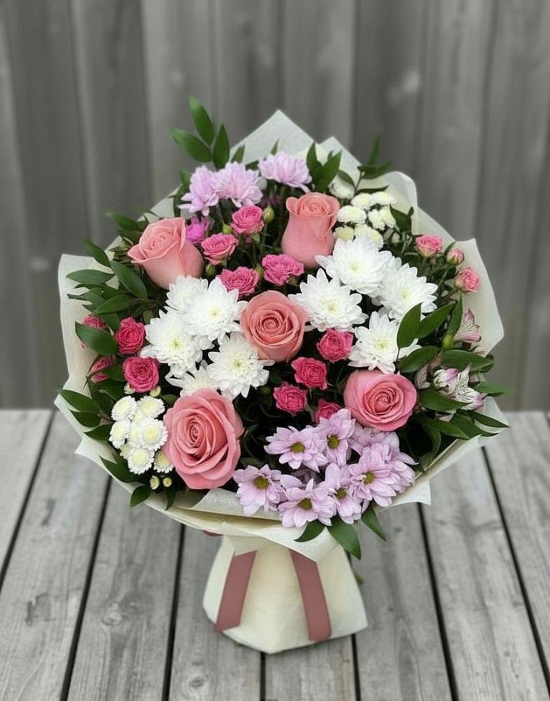Букет цветов из: Альстромерии, Гвоздики, Розы и Хризантемы в Ягунино