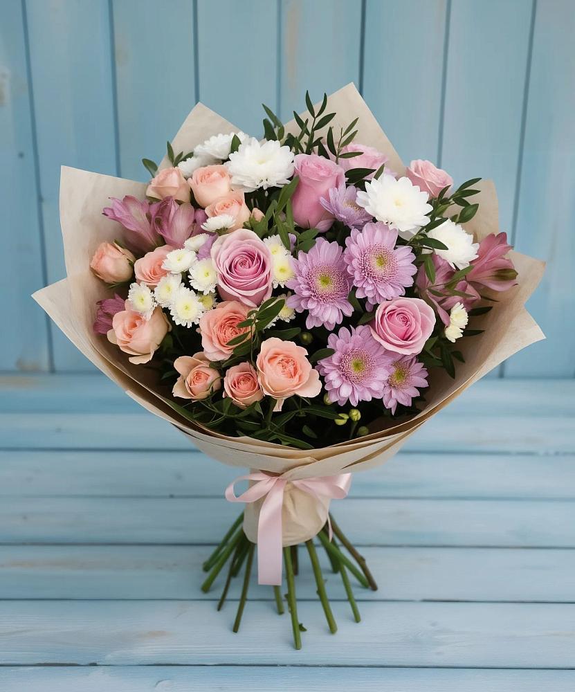Букет цветов из: Хризантемы, Розы и Альстромерии в Ягунино