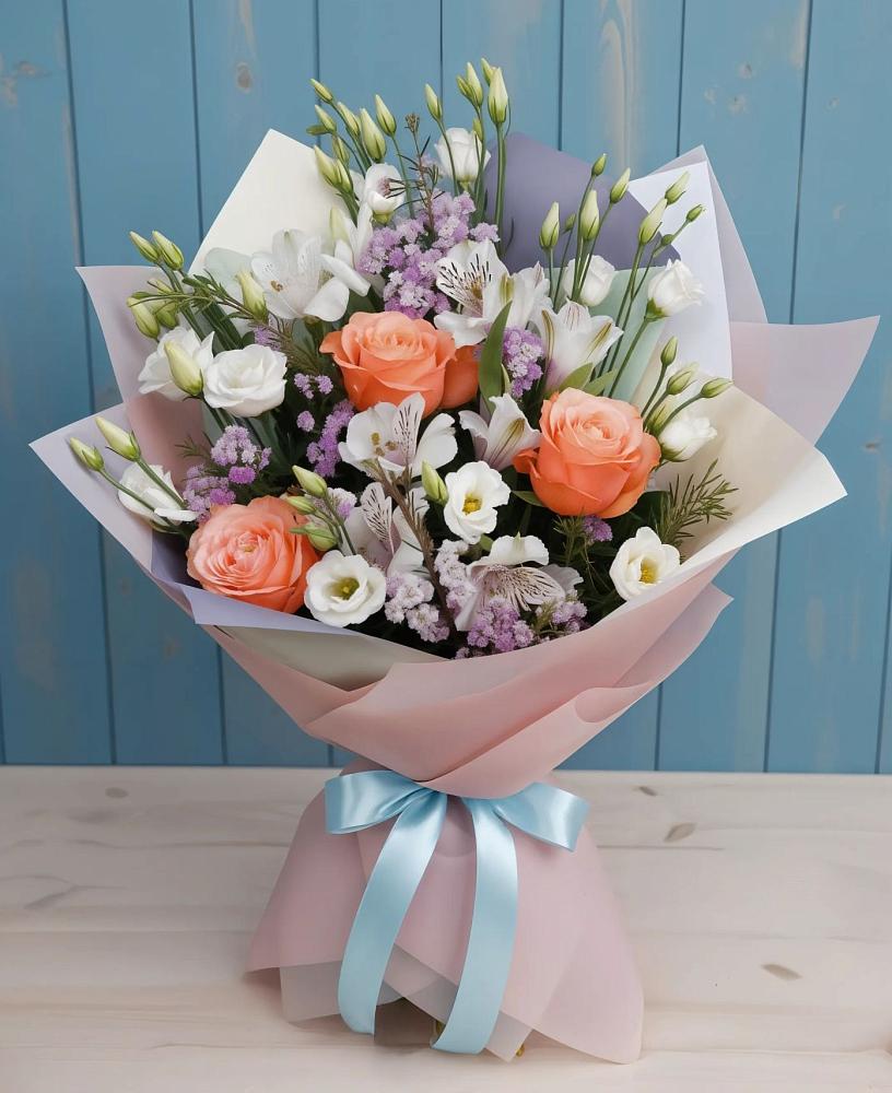 Букет цветов из: Лизиантусы, Розы, Альстромерии и Гипсофила в Ягунино