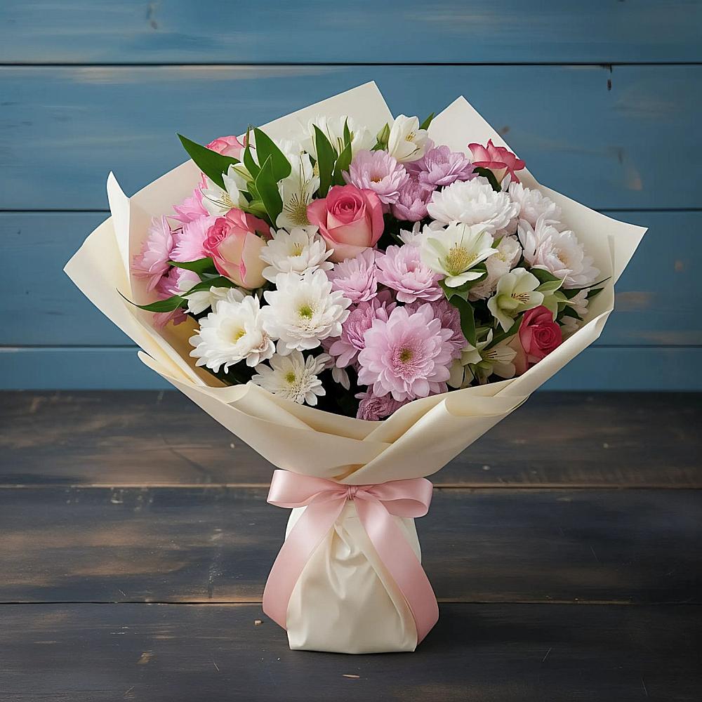 Букет цветов из: Хризантемы, Альстромерии и Розы в Ягунино